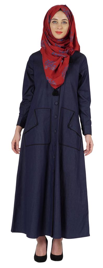 Bimba Solid Long Dress W  Printed Hijab Scarf Chambray Maxi Front Button Muslim Dress  Islamic Clothes For