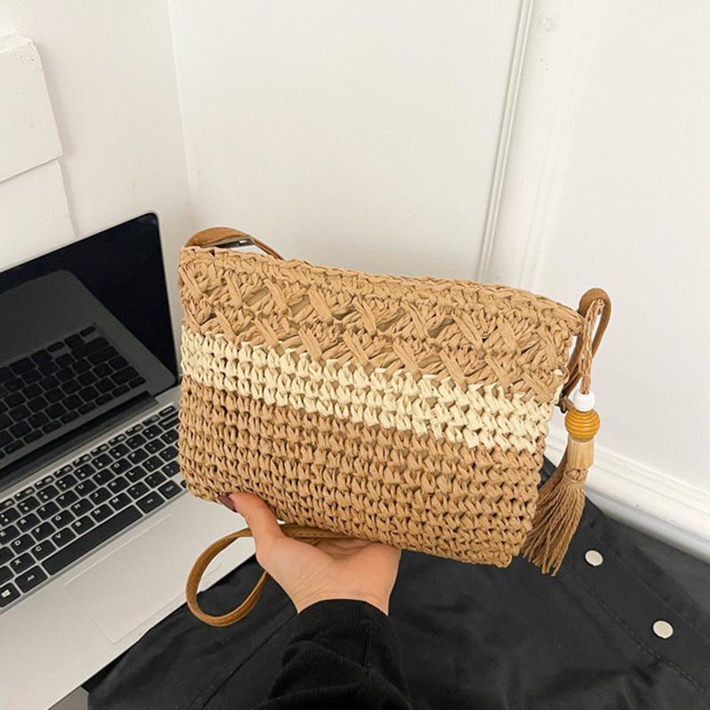 Yogodlns Женская летняя пляжная сумка через плечо с выемкой, большая вместимость, плетеная соломенная дорожная сумка с регулируемым ремешком, сумка через плечо
