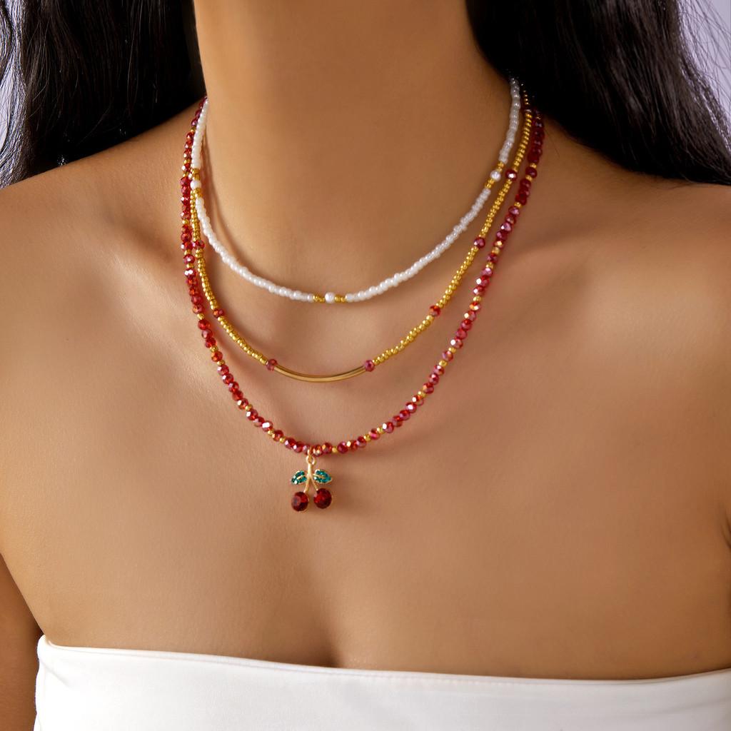 Romantic Heart Pearl Choker Necklace With Cherry And Strawberry Charms For Girls