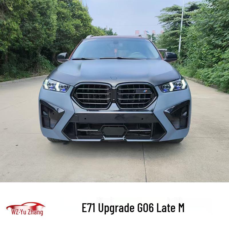 BMW E71 to G06-X6M Conversion Kit: Front/Rear Bumpers, Headlight Brackets, Fenders, and Engine Hood.
