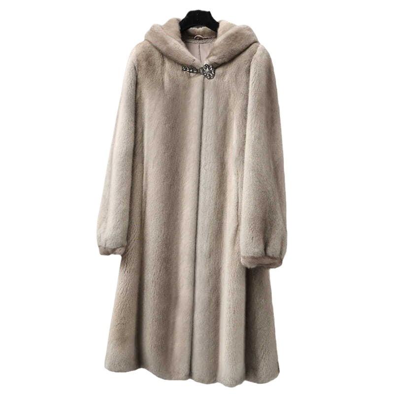 European and American new imitation mink coat women's medium and long imitation fur coat winter belt hooded imitation mink hooded