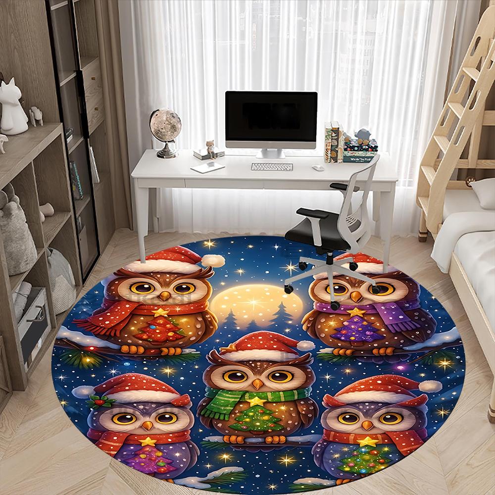 1pc Christmas Owls Office Round Area Rug, Indoor Mat Suitable ForOffice, Under Office Chairs Bedroom Living Room Home Decor, Room Decot171