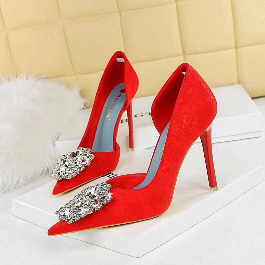 Women's Banquet High Heels Slim Heels Shallow Mouth Pointed Side Hollow Water Diamond Single Shoes