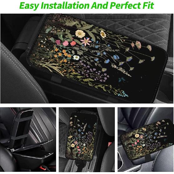 Wildflowers Car Armrest Cover with 2 Coasters | 3-piece 5 mm neoprene set with one 12.6 x 7.5 in console cushion and two 2.75 in matching cup holder
