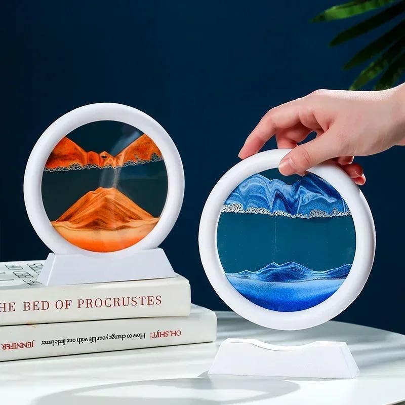 3D движущаяся песчаная художественная картина, круглое стекло, глубокий морской песчаный пейзаж, песочные часы, зыбучие пески, ремесло, текучая картина, офис, домашний декор, подарок