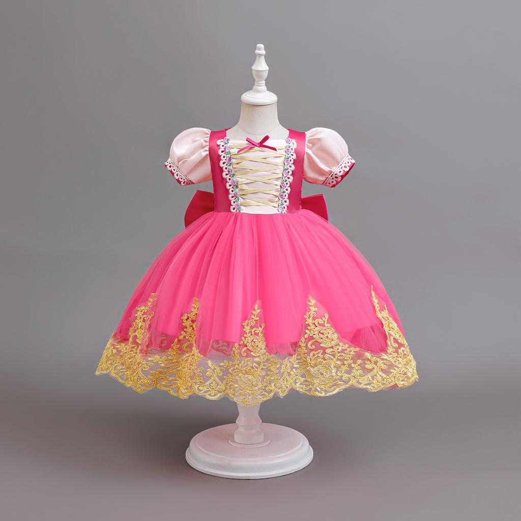 Children's Bow Girls Dress Rapunzel Mesh Dress Sleeping Beauty Bubble Sleeve Dress Dress