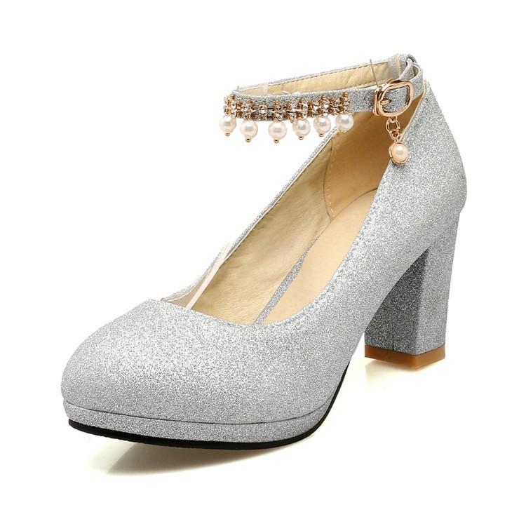 Новые импортные одиночные туфли женские толстые каблуки круглые головки легкие блестки водные столы очень большие одиночные туфли Европа и Америка