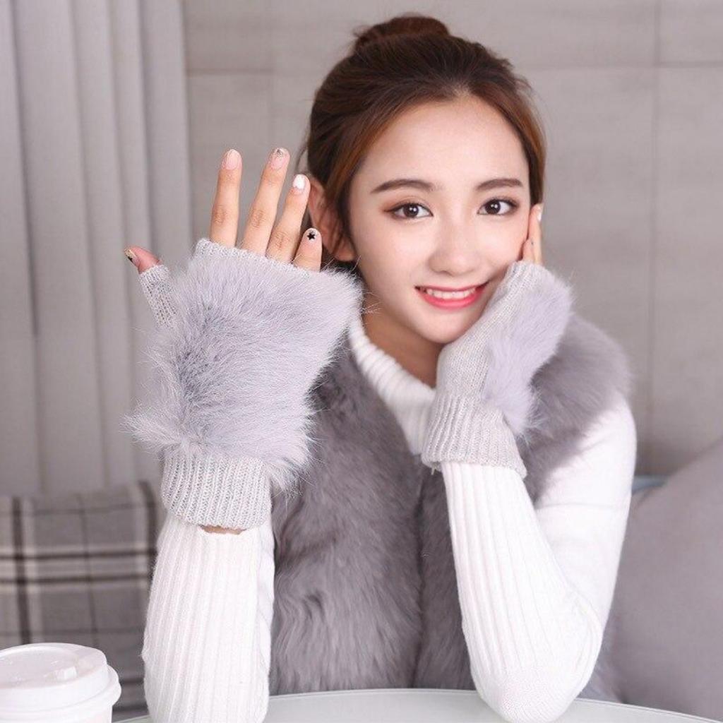 Winter Women's Warm Fluff Knitted Gloves Soft Half Finger Gloves Rabbit Fur Mittens