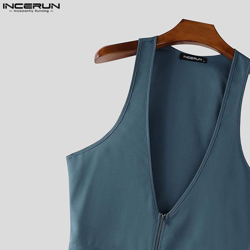 INCERUN Men Deep V Neck Zip-up Casual Long Rompers Jumpsuits