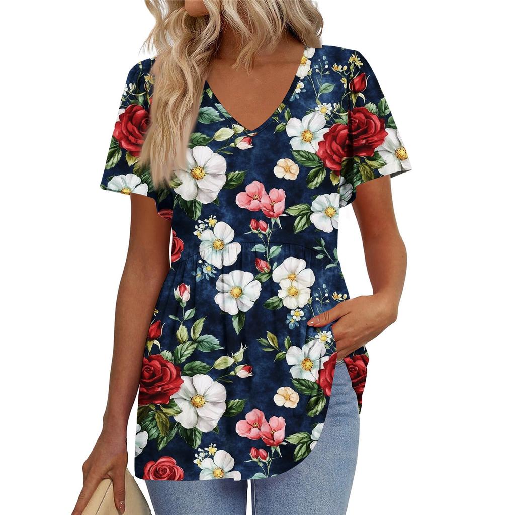 Women's Loose Casual Print V-Neck Short Sleeved T-Shirt Top Short Sleeved T-Shirt Top