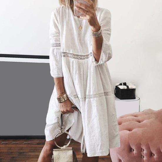 Женское платье, кружевное, с открытой вышивкой, с рукавами три четверти, однотонное, свободное, до колена, свободное, трапециевидное, с круглым вырезом, миди-платье