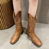 Women Boots Embroidered Western Boots Leather Mid Calf Cowboy Boots Winter Chunky Heel Boots Female Shoes Boots