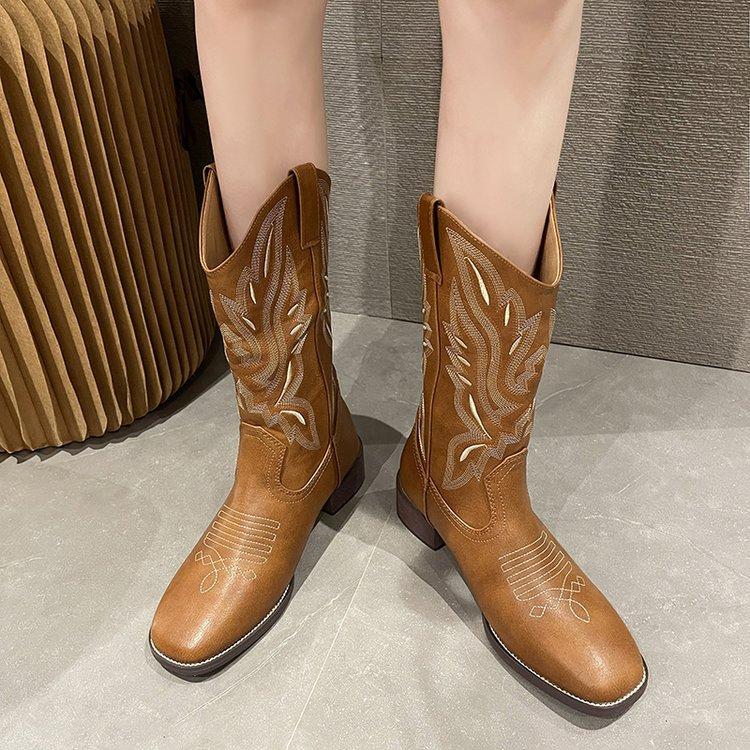 Women Boots Embroidered Western Boots Leather Mid Calf Cowboy Boots Winter Chunky Heel Boots Female Shoes Boots