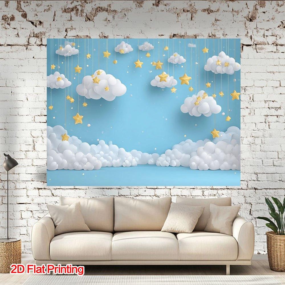 A 2D flat printed dreamy sky background with stars, made of polyester fabric.