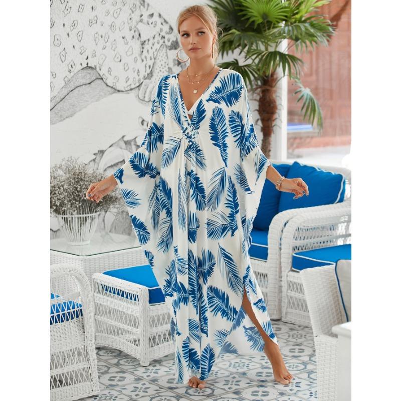 Plus Size Boho Cover Up, Women's Plus Painting Print Bat Sleeve V Neck Split Hem Maxi Cover Up Dress