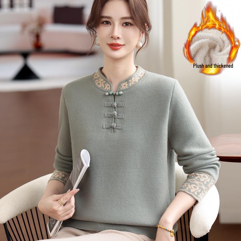 Year of the Rat Red Velvet Sweater for Mid-Aged and Elderly Women - Chinese Style Warm Winter Clothing