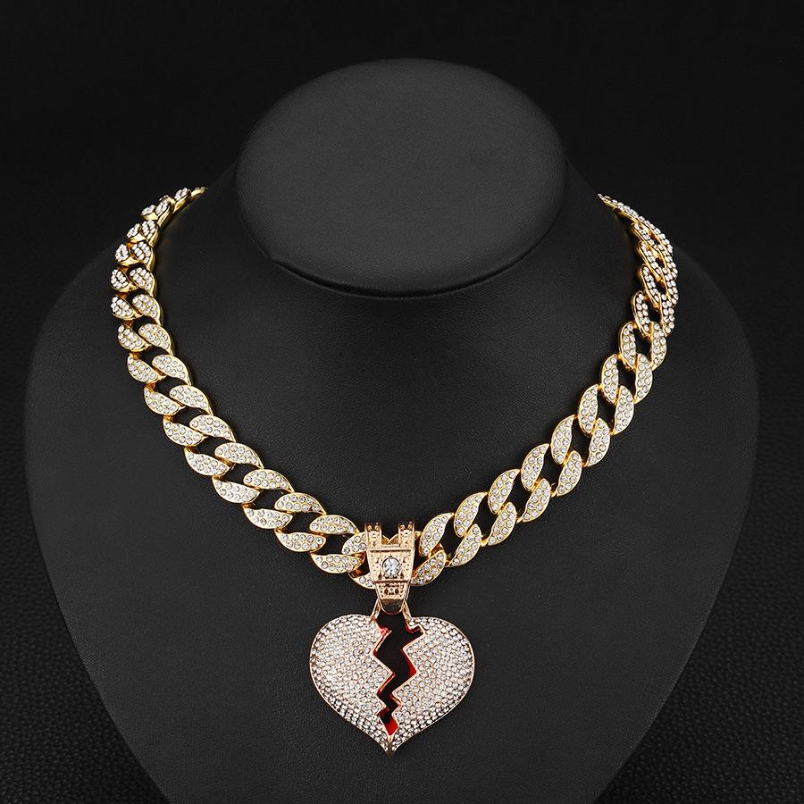 Hip Hop Personality Love Pendant Men's Diamond Necklace HIPHOP Jewelry European and American Cuban Chain Painted Oil Heart Pendant