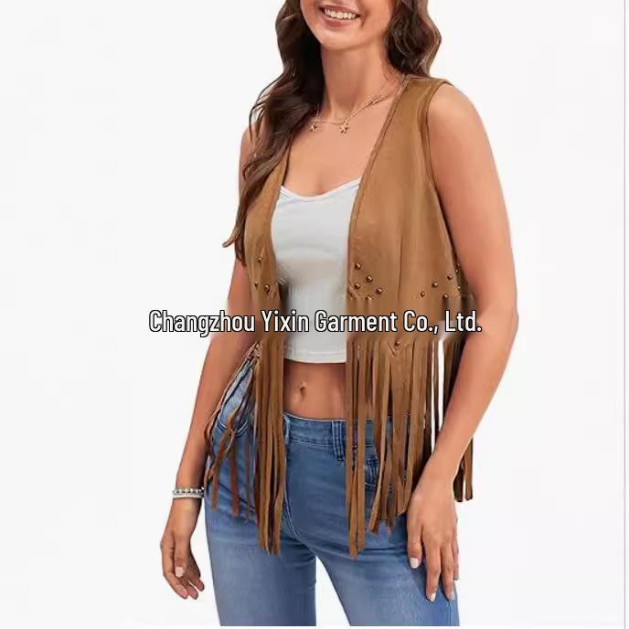 Women's 70s Bohemian Fringe Vest - Faux Suede, Sleeveless, Open Front, Western Style