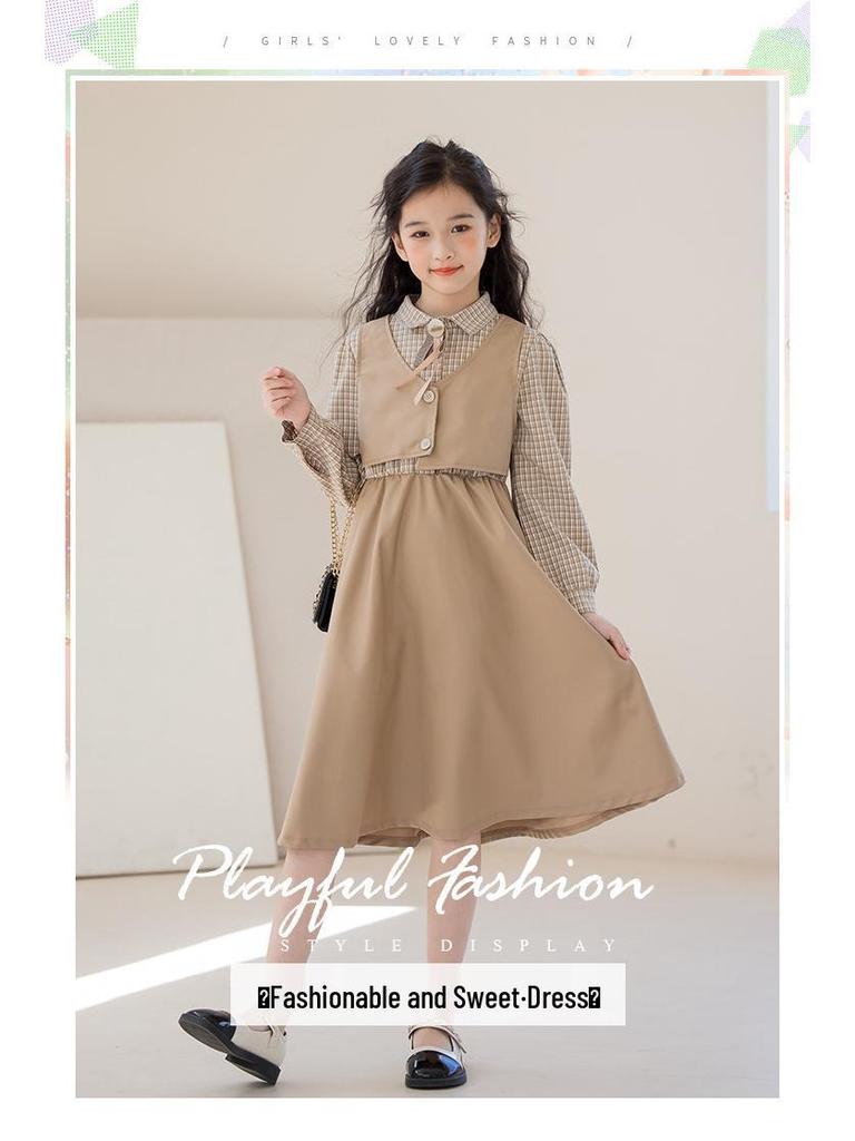 Платье для девочек «Гусиная лапка», имитация двойки - 2025 Осень, студенческий стиль для детей