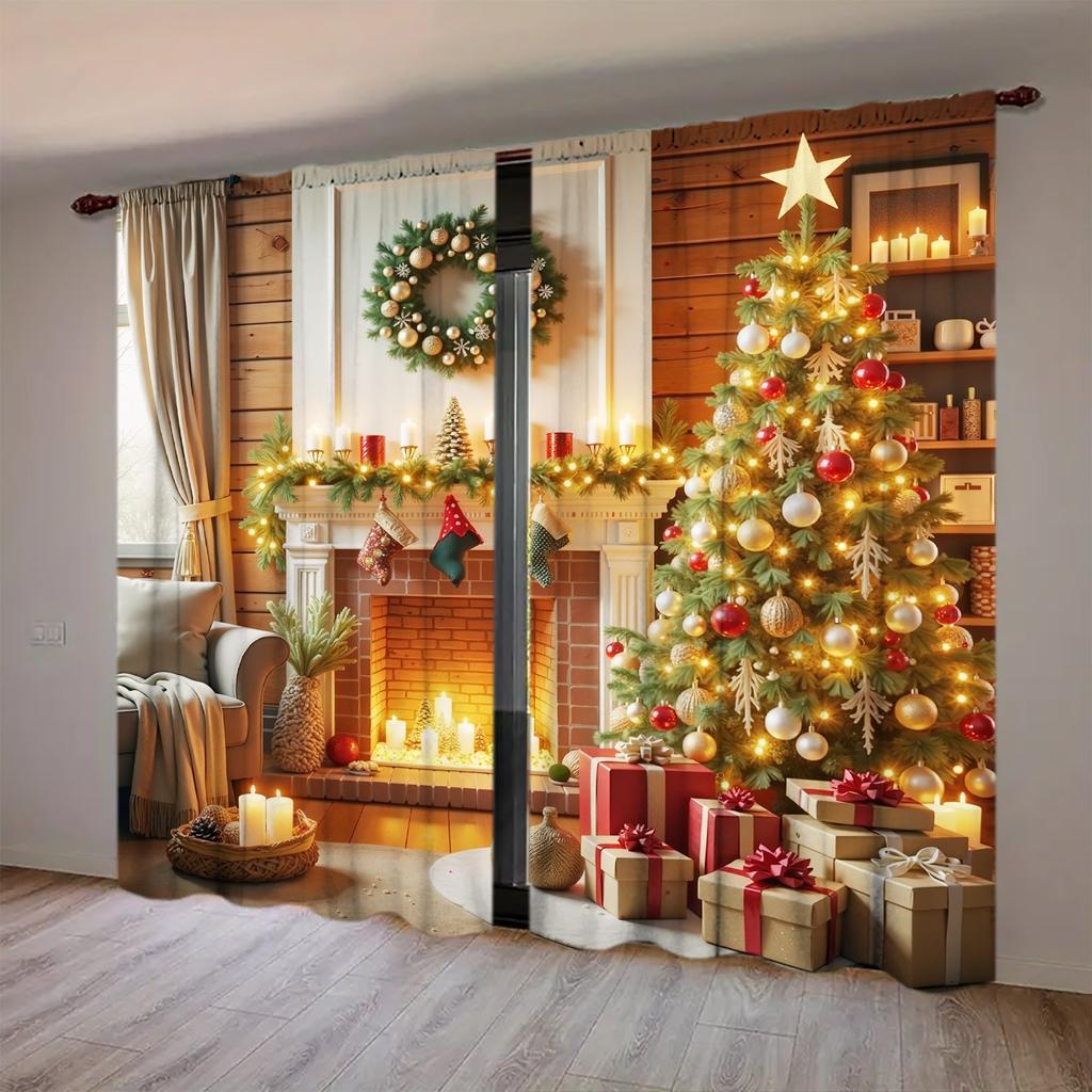 2-piece Set of Christmas Wonderland Curtains - Featuring A Rustic Wooden Exterior with Christmas Tree, Gift, Fireplace