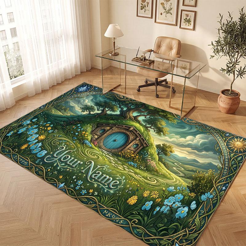 Mushroom Forest Theme Crystal Velvet Floor Rug Personalized Custom Name Text Warm Carpet Home Decoration