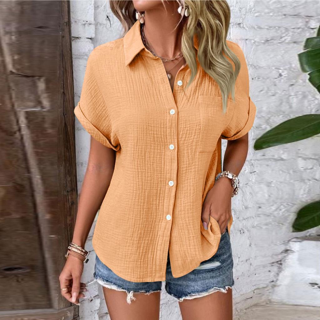 Женские рубашки на пуговицах с коротким рукавом, повседневная рубашка с воротником, свободные блузки, однотонные топы с карманом