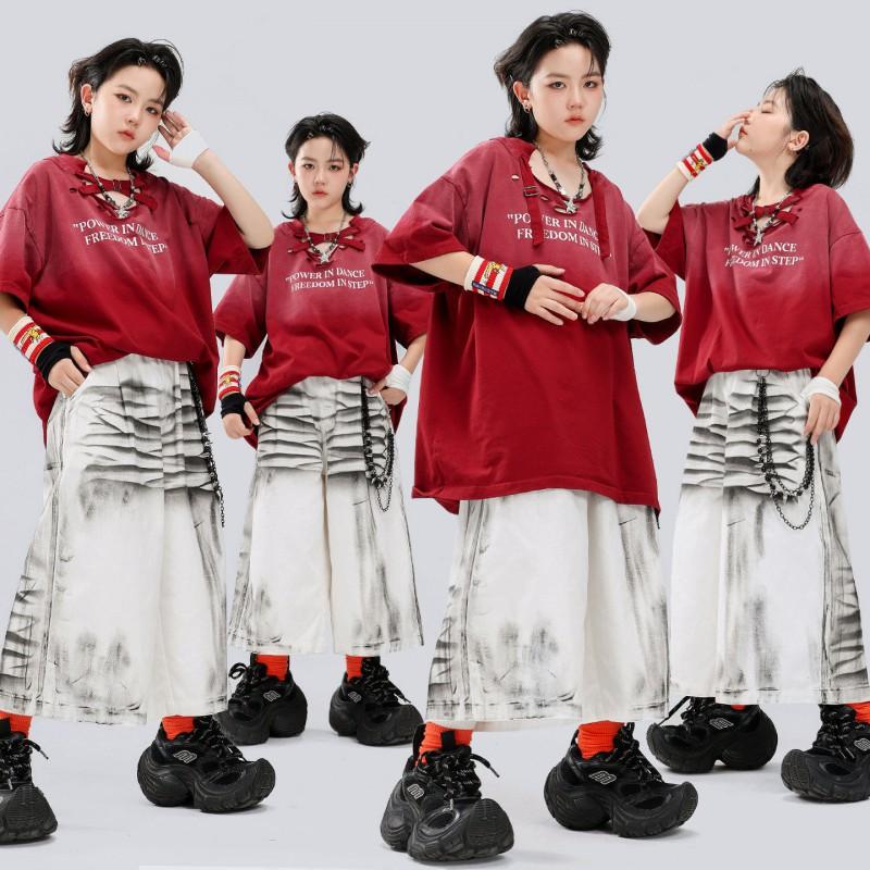 Kids Hip Hop Dance Outfit Set Boys Girls Street Performance Cool Style Short Sleeve Pants