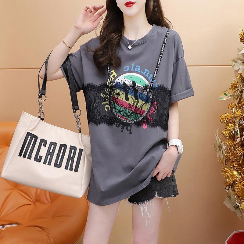 Женская футболка с короткими рукавами и ленивой кружевной строчкой, круглый вырез, женский летний свободный утягивающий топ