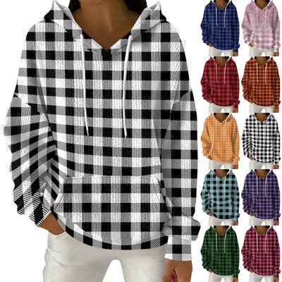 Женский модный повседневный пуловер с клетчатым принтом, толстовка с длинным рукавом и капюшоном
