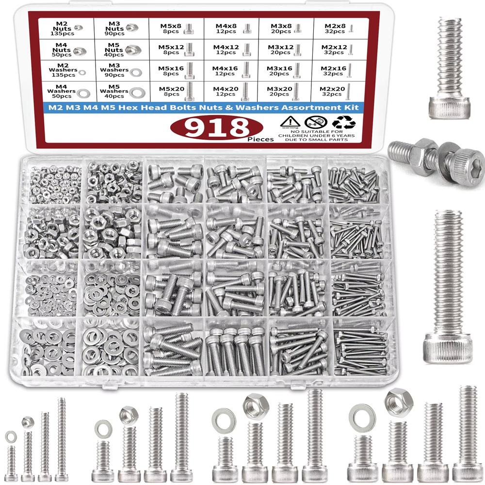 918pcs Nuts and Bolts Assortment Kit - M2, M3, M4, M5 Hex Head 304 Stainless Steel Bolts, Nuts, Flat Washers, and More