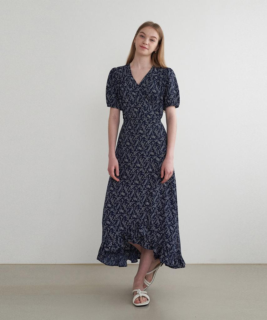 Adowl Flower Frill Wrap Dress - Navy