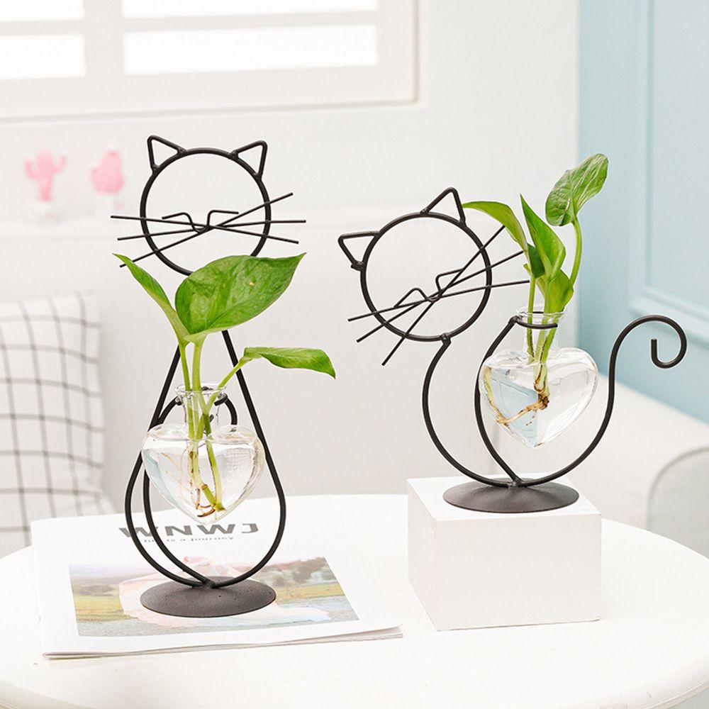 Simple Cat Iron Art Hydroponic Plant Vase Clear Glass Vase Plant Flower Pot Flower Arrangement