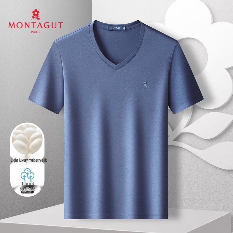 MONTAGUT Men's V-Neck Mulberry Silk Blend Short Sleeve T-Shirt
