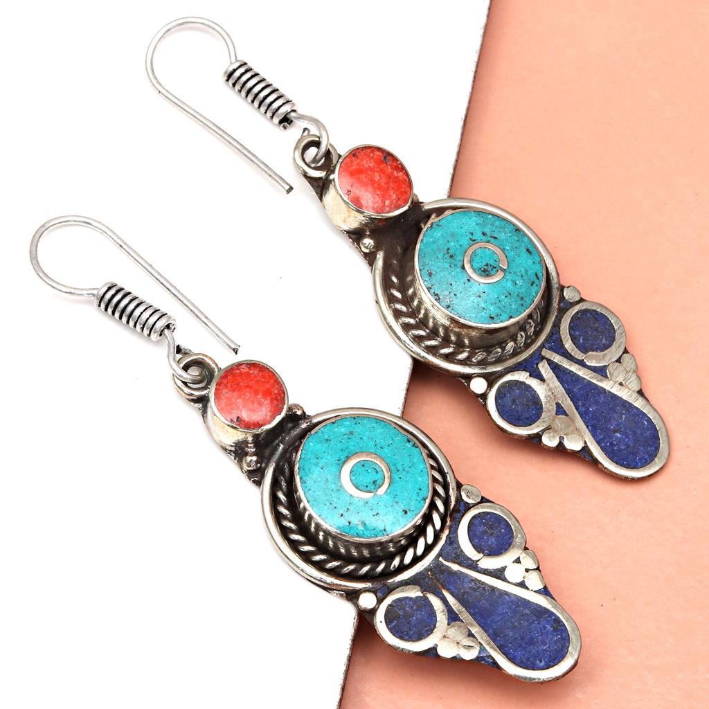 Exquisite Sterling Silver Nepalese Tribal Earrings with Multi-colored Stones