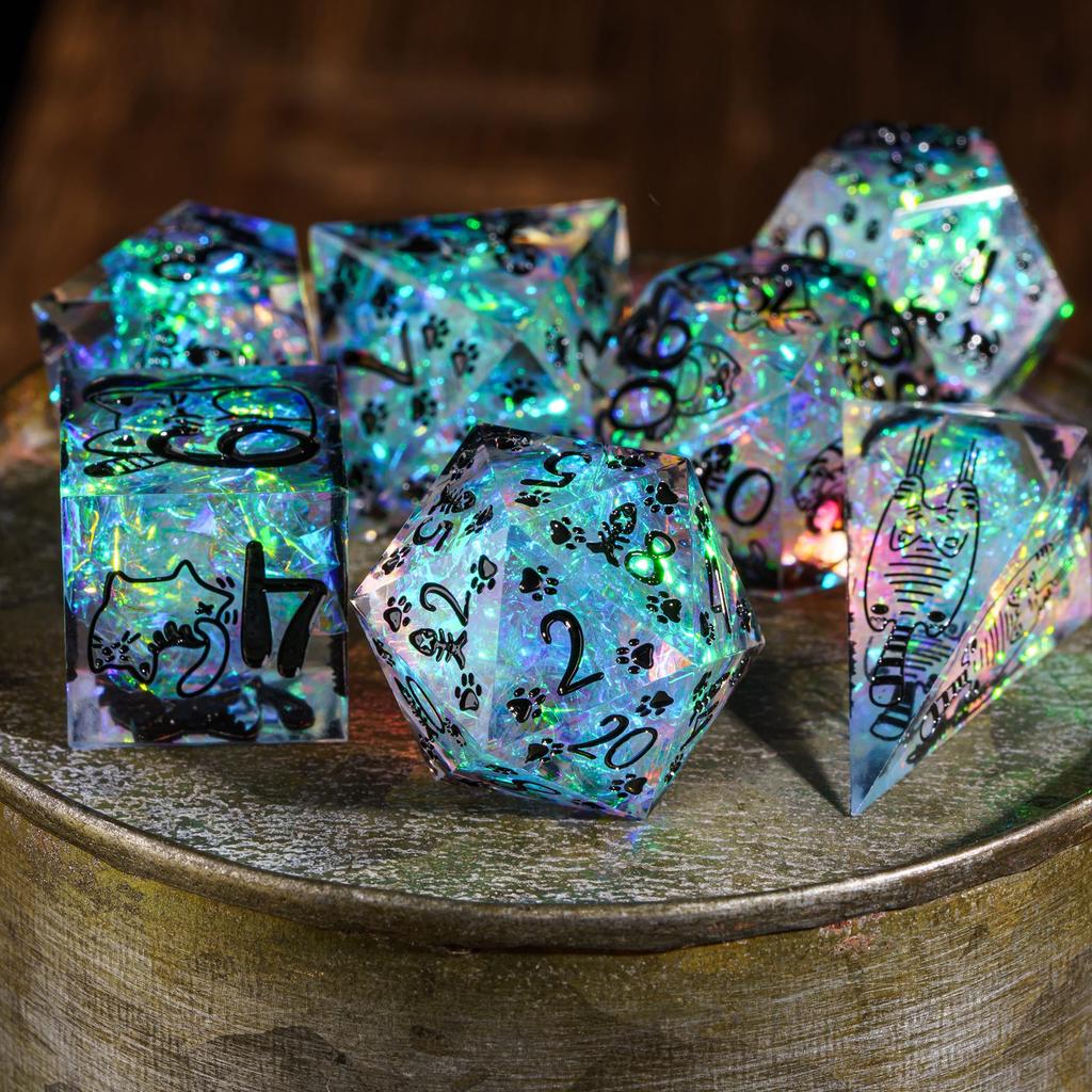 Набор кубиков Cusdie Cat Element для D&D, острые грани D4-D20, милые кошачьи лапки, узор рыбы, ручная работа, многогранные кубики для RPG, настольных игр