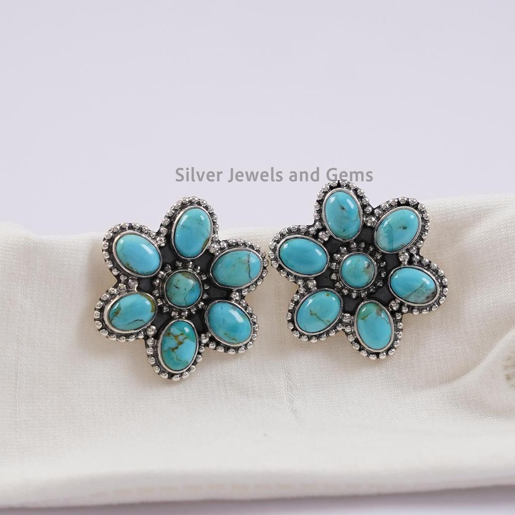 Kingman Turquoise Flower Stud Earrings, Boho Earrings, 925 Sterling Silver Earrings, Cluster Jewelry, Engagement Stud Earring