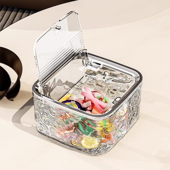 Transparent Desktop Bin Hair Accessories Case Water Ripple Jewelry Organizer with Press Open Lid Storage Box for Dressing Table Office