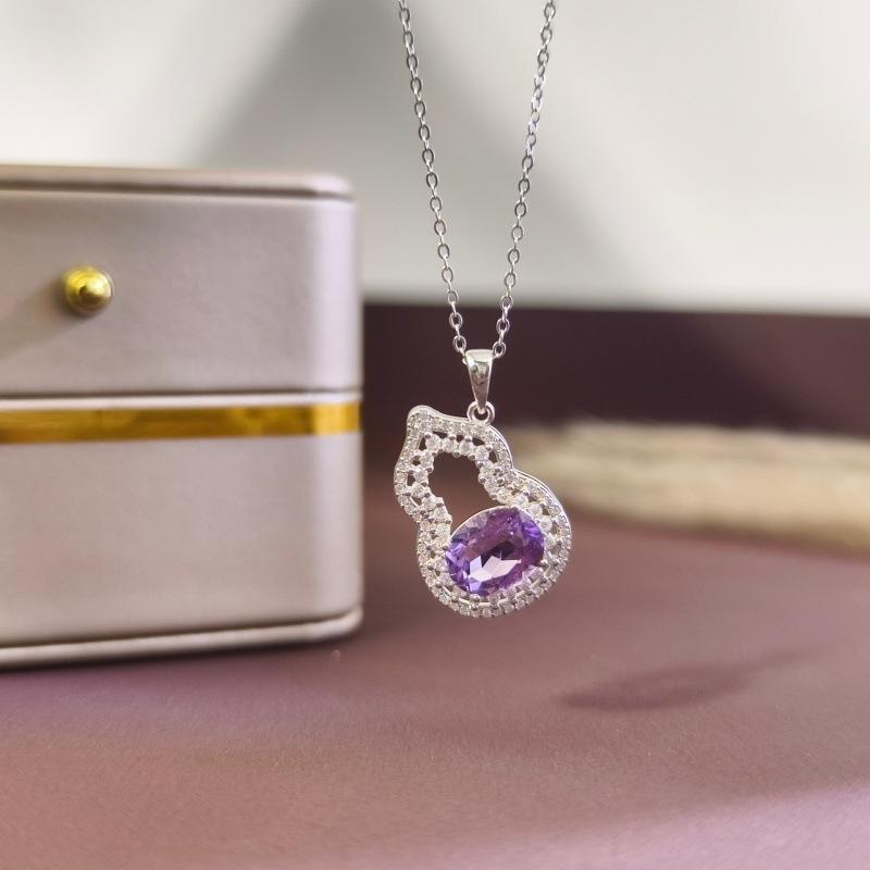 Women's S925 Sterling Silver Gourd Necklace Natural Crystal Topaz Garnet Clavicle Chain Jewelry Gift