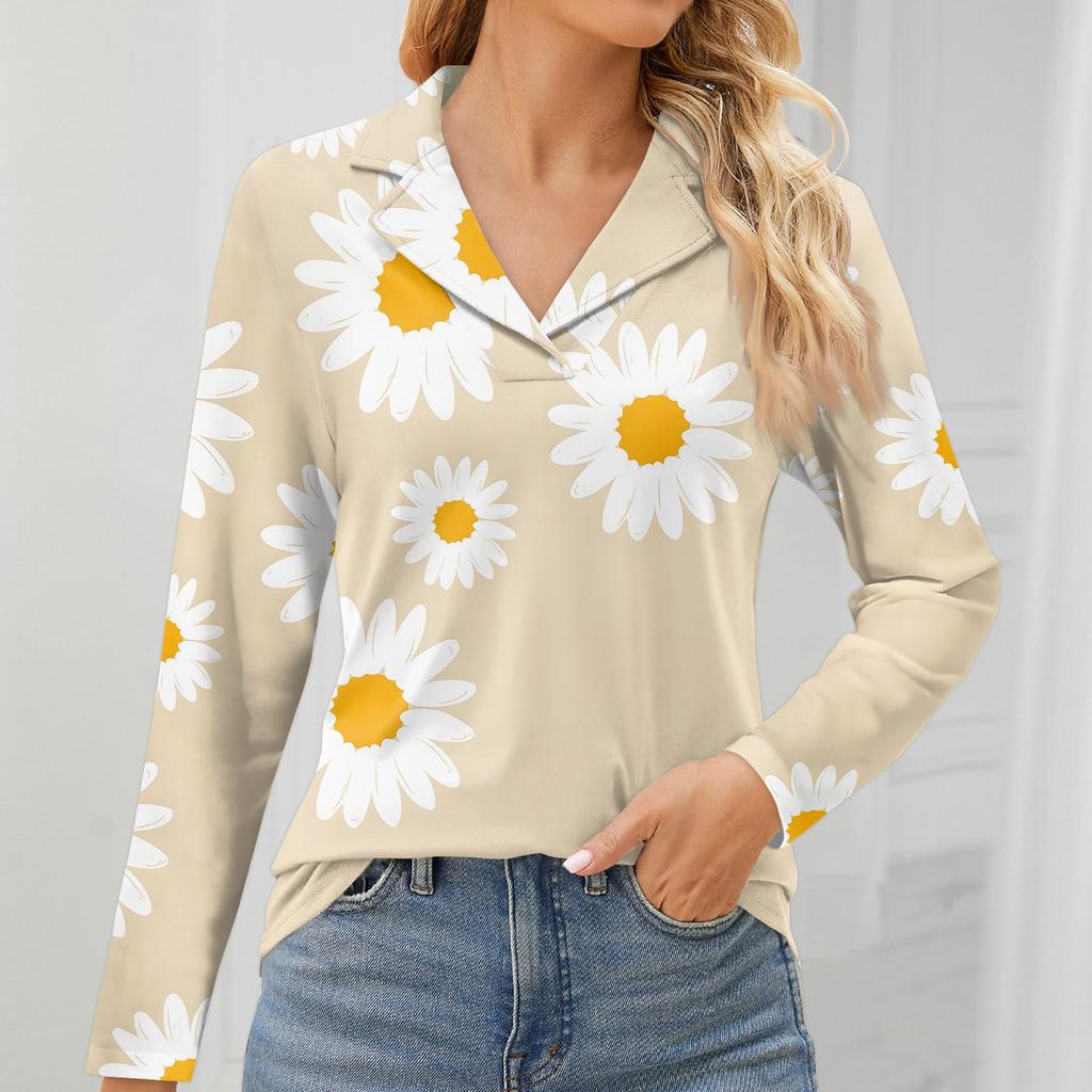 Women's Fashion Leisure Long Sleeve V Neck Flower Printing Top