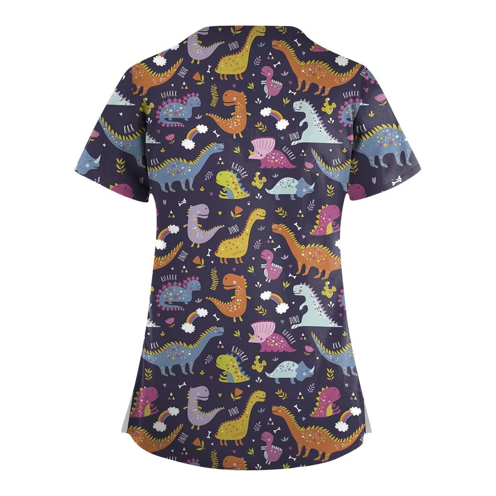 Плюс размер, милая рабочая форма с принтом, топы для женщин, забавные футболки с перекрестным v-образным вырезом и короткими рукавами, рабочая одежда, футболка с карманами