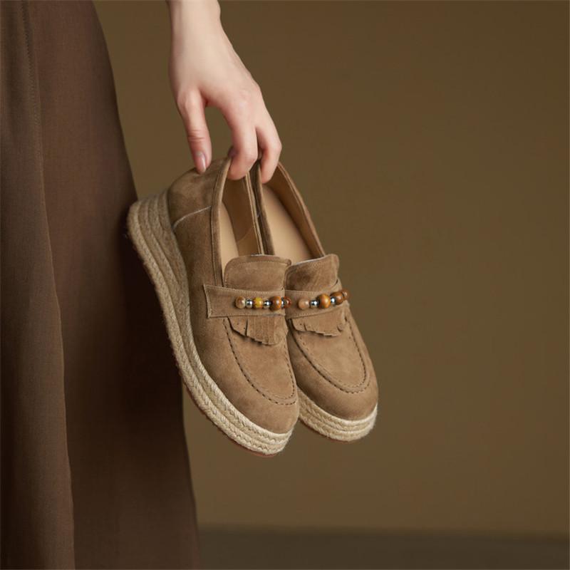 Модные новые весенне-осенние женские туфли из овечьей замши, туфли-лоферы с круглым носком для женщин, модные женские туфли на платформе, туфли на танкетке