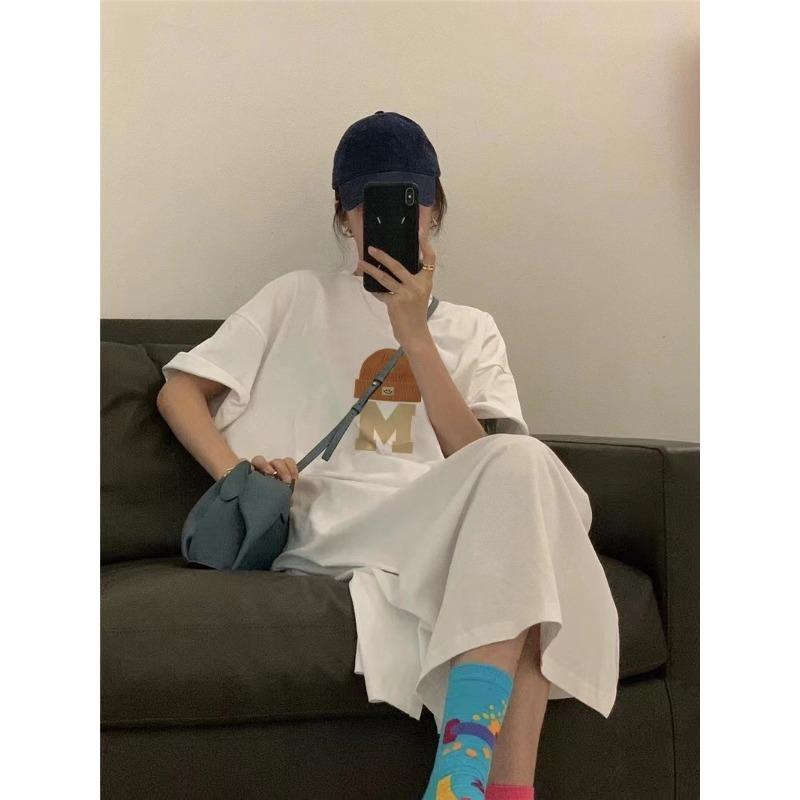 Women's Short-sleeved T-shirt Dresses Summer Loose Knee-length Casual Plus Size Dress Split Dress