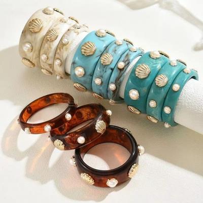 Круглый Богемный Браслет-Браслет Широкий Массивный Напульсники Этнический Стиль Смола Жемчуг Ракушка Браслет Девочки