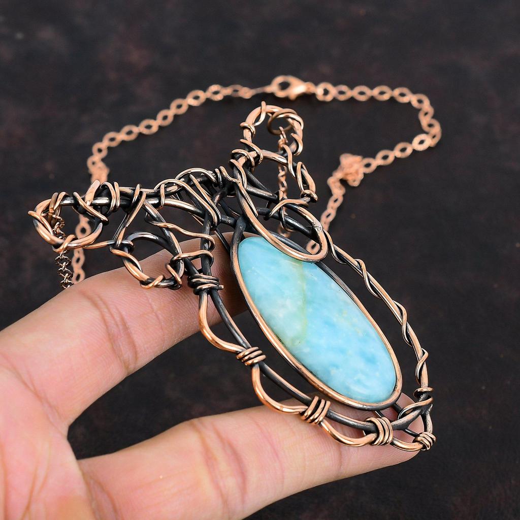 Ожерелье из гемиморфита, обернутое медной проволокой, ожерелье с драгоценным камнем, регулируемое ожерелье, медные украшения ручной работы, подарки для нее, украшения из гемиморфита