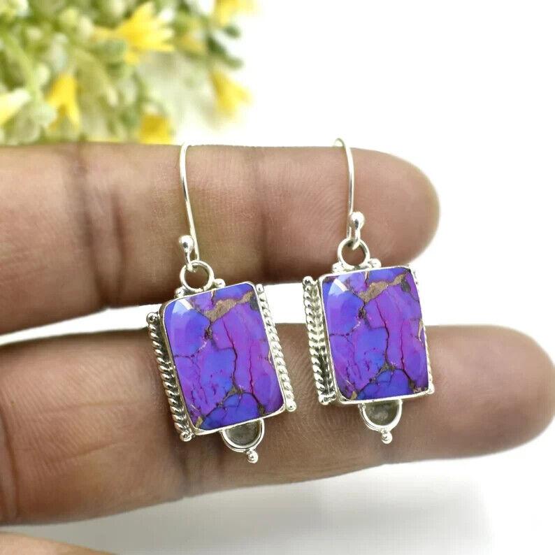925 Sterling Silver Earring, Purple Copper Turquoise Gemstone Earring
