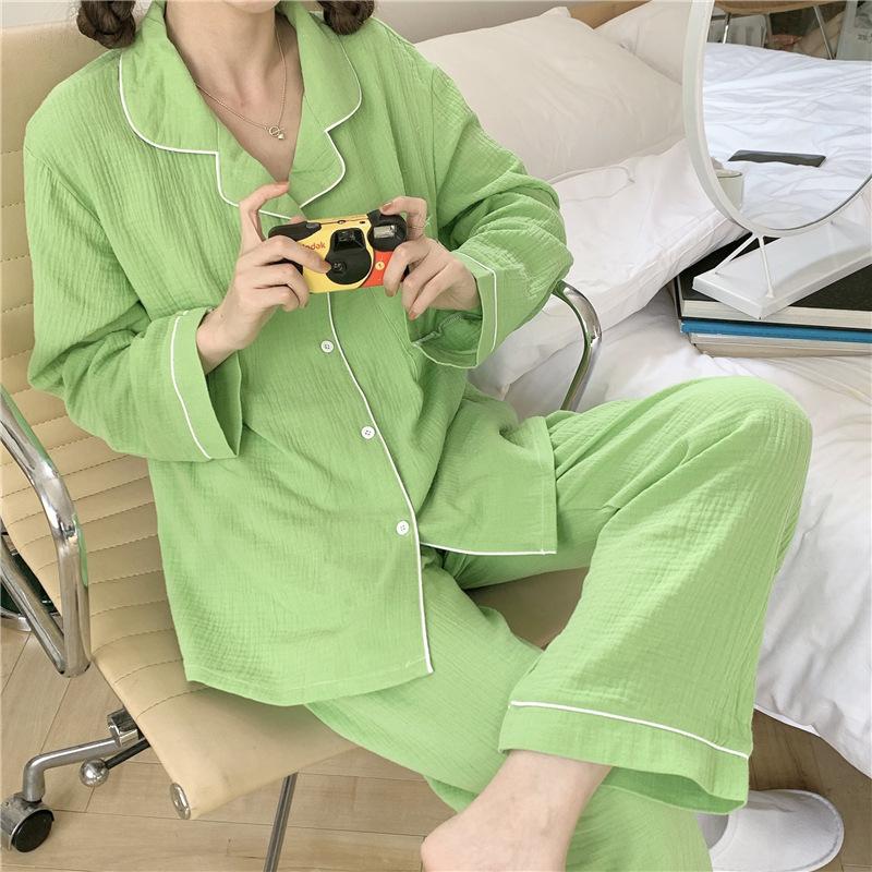 Хлопковые пижамы из пряжи, женские французские винтажные элегантные пижамы, простой кардиган с длинными рукавами, брюки, осенний стиль принцессы, домашняя одежда, домашний костюм из двух предметов