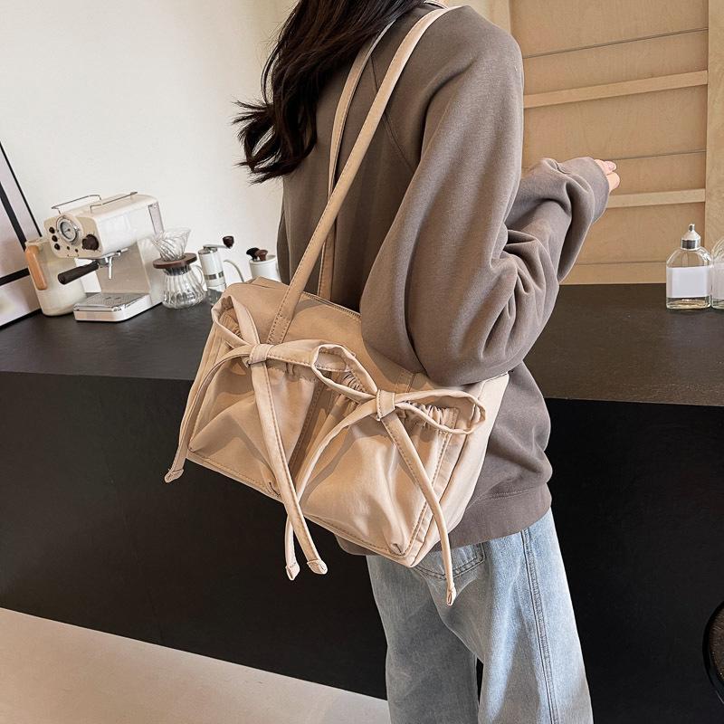 Lightweight Casual Cotton Shoulder Bag Unique Fresh Bow Design Travel Underarm Bag Solid Color Large Capacity Women's Tote Bag