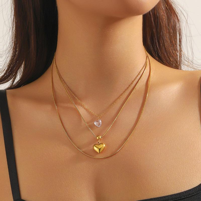 Layered Heart Pendant Necklace For Women Gold Plated Stainless Steel Zircon Fashion Jewelry