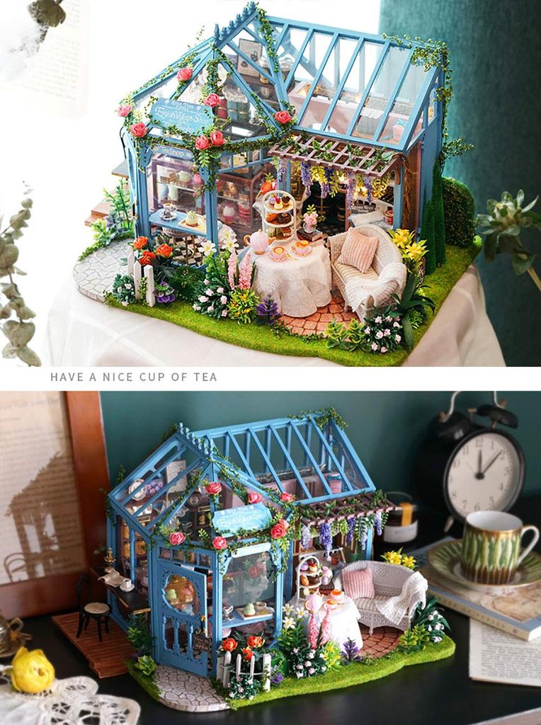 moin moin Dollhouse Miniature Handmade Kit Set Tea House with Rose Tea Flowers Flower Shop Vinyl House Cafe UK Light Acrylic Case Music Box Set