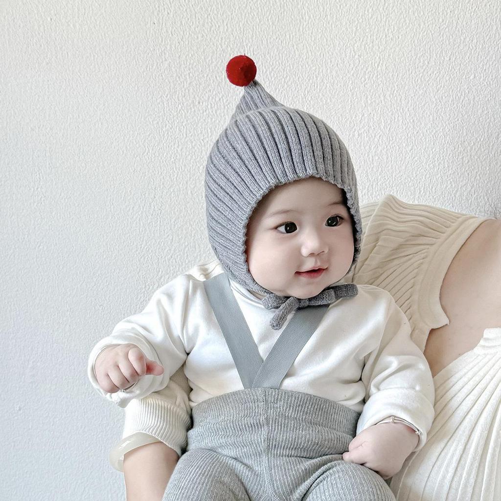 Cute Baby Winter Ear Protection Cap Solid Color Pompom Knitted Lacing Hat Windproof Warm Infant Toddler Earmuffs Beanie